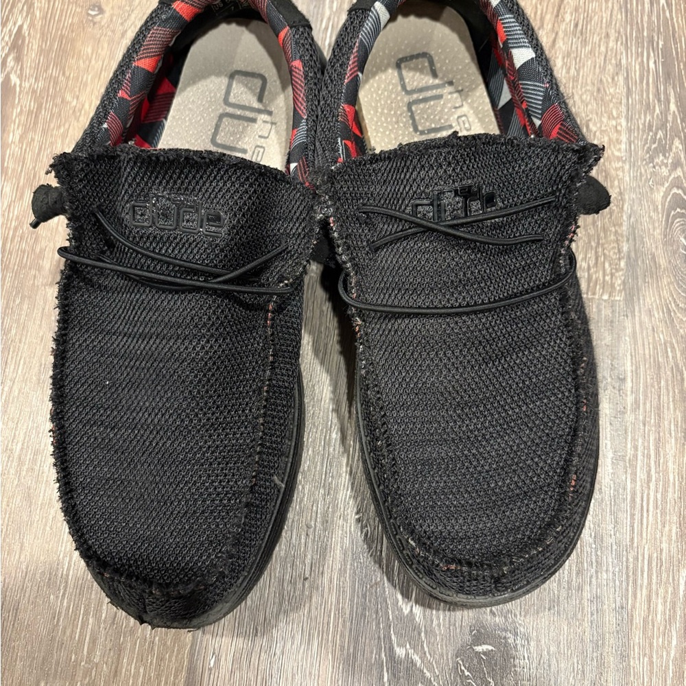 Hey Dude Men's Black Loafers with Red Accents